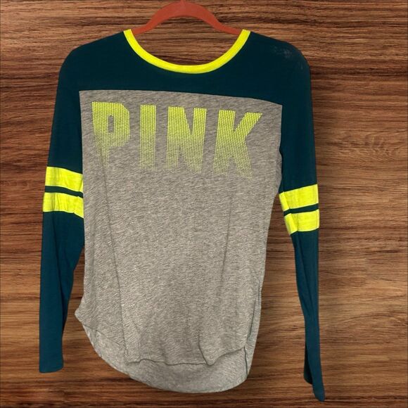Victoria’s Secret PINK Long Sleeve Varsity Tee Gray Teal Neon Yellow XS - Picture 3 of 10